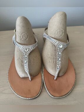 Embellished Nude T-Strap Sandals